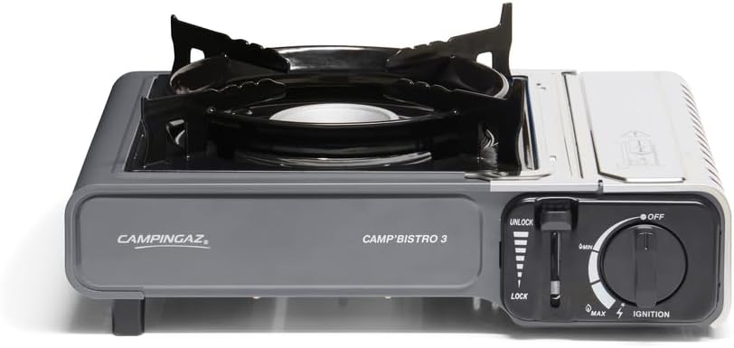 Portable single burner briefcase camping gas stove for outdoor cooking.