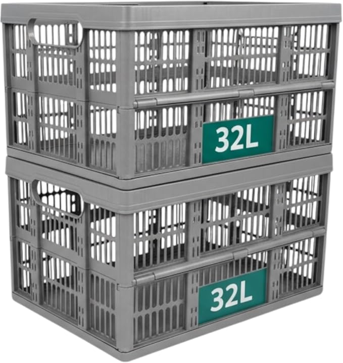 Heavy-duty grey plastic folding storage crates for organizing gear.