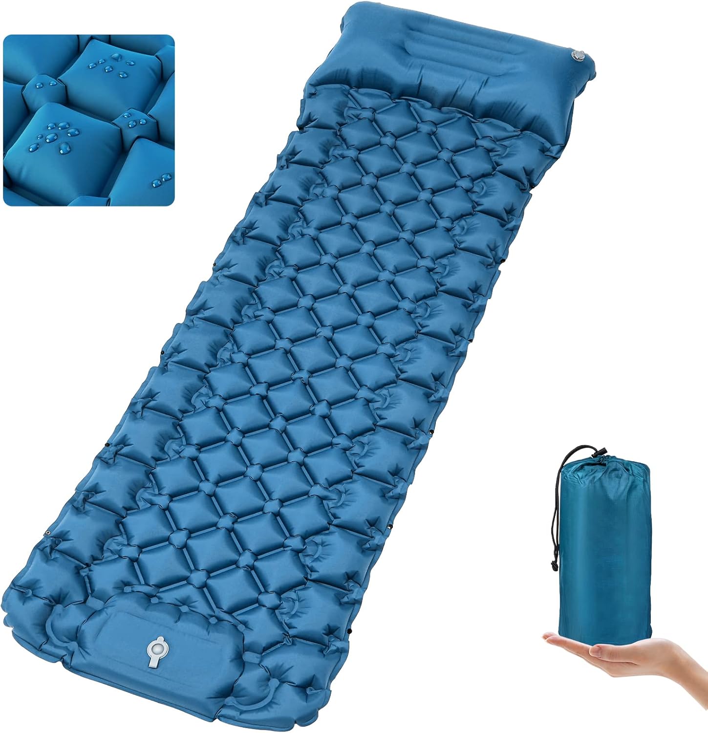 Blue self-inflating camping mattress for an estate car or SUV sleep setup.
