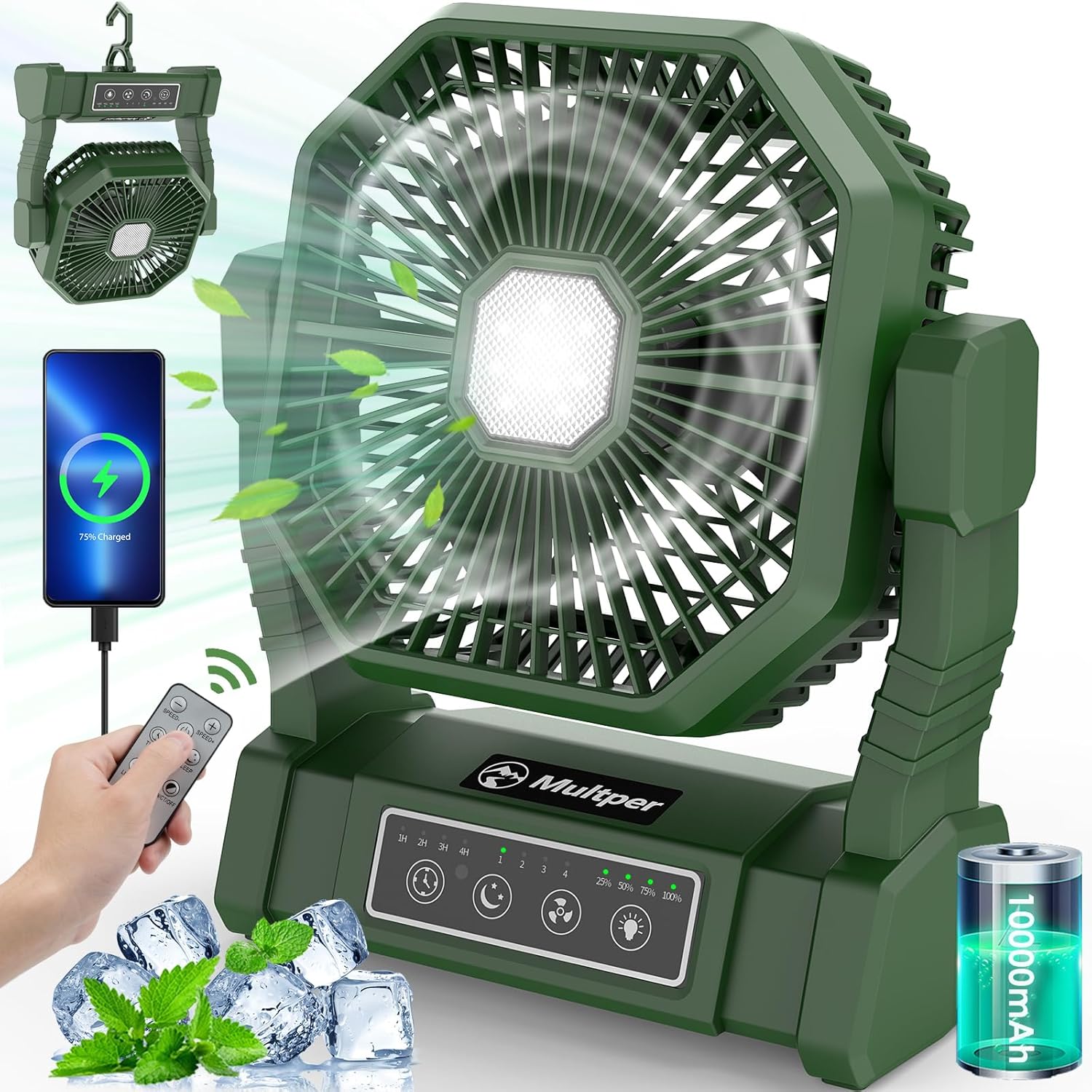 Rechargeable LED camping lantern and hanging fan combo for car interiors.