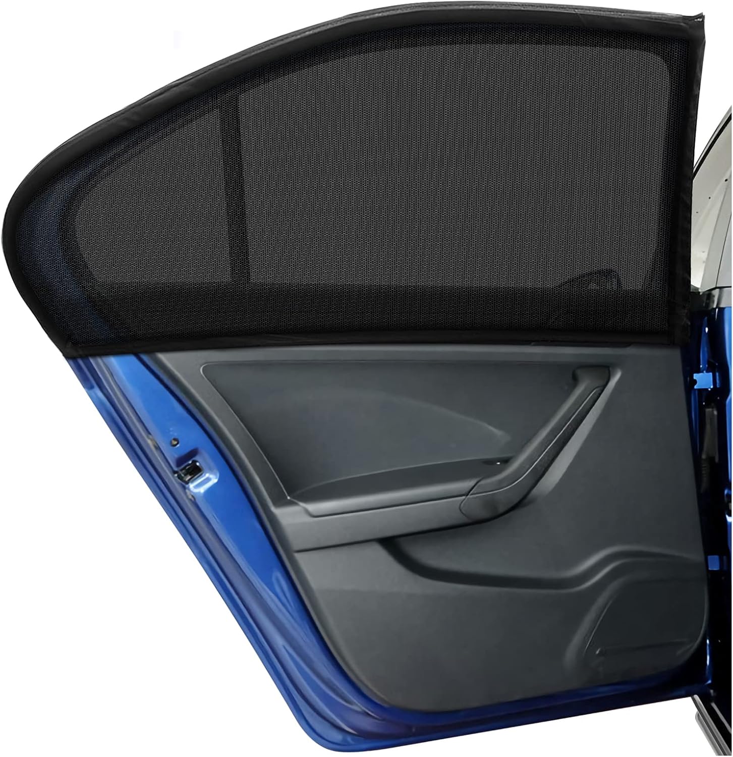 Black mesh car window socks providing bug-free ventilation in a budget micro camper.