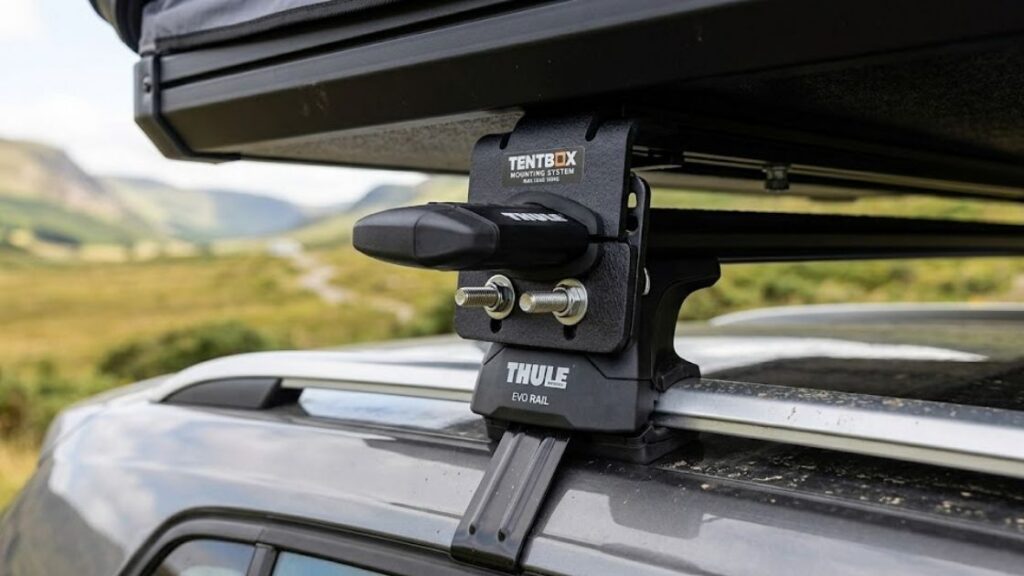 Close up of Thule bars and brackets testing roof weight capacity
