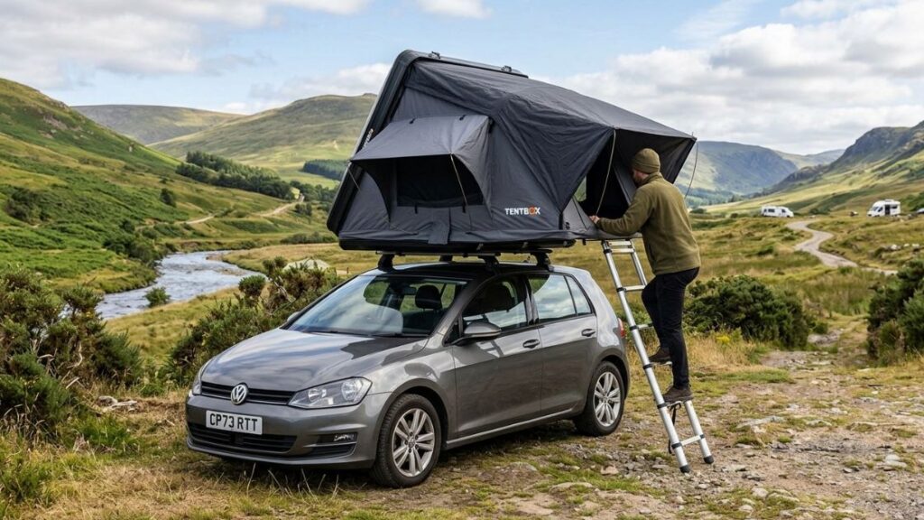 Rooftop tent installed on small car checking roof weight limits