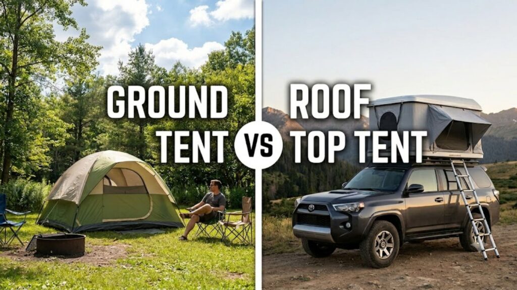 A visual comparison of a rooftop tent vs ground tent setup for camping.