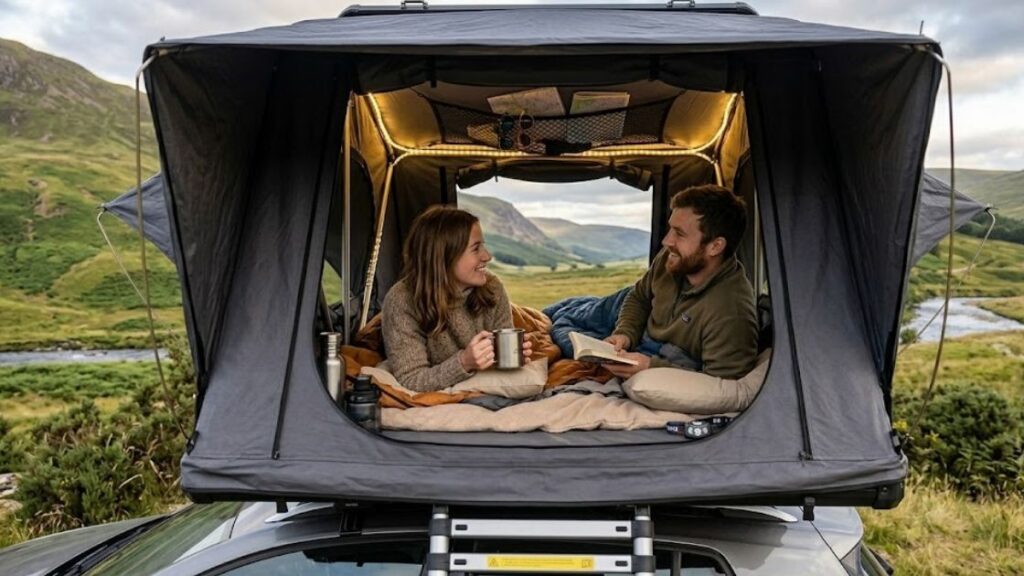 Campers inside a tent proving static roof weight limits are safe