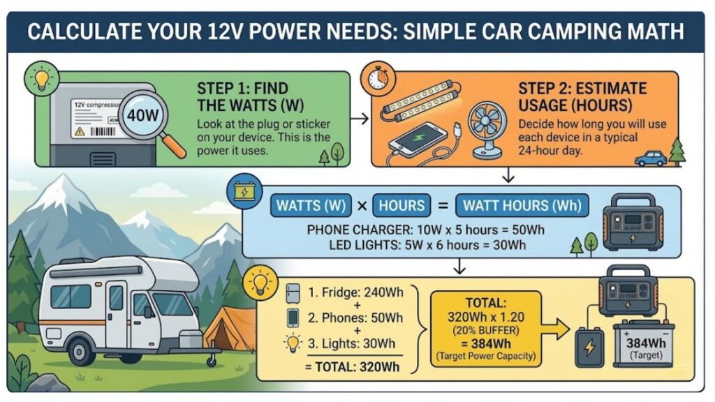 Infographic detailing exactly how to calculate 12V power needs using simple car camping math.