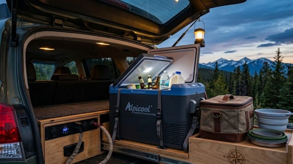 An Alpicool compression fridge in a car trunk setup used as an example to calculate 12V power needs.