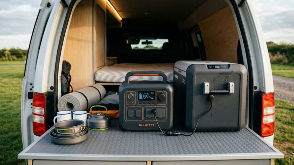 Best compact power station charging a 12V fridge in the back of a micro-camper conversion.