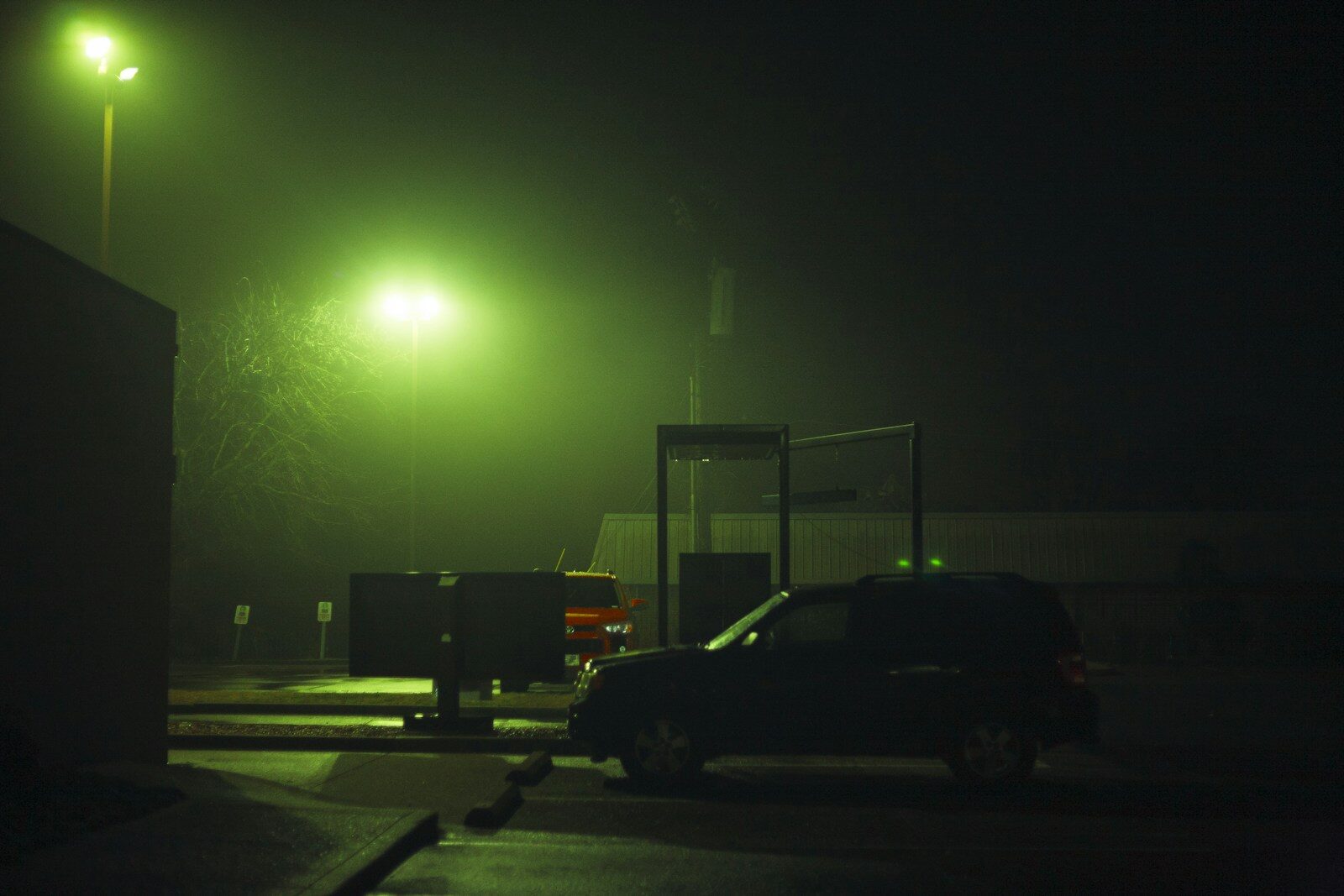 Car parked under a foggy green street light at night